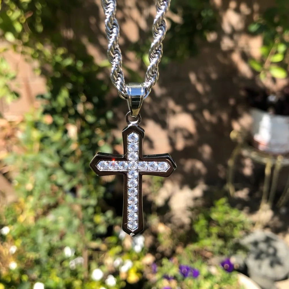 Stainless steel necklace large cubic zirconia cross w/ rope chain